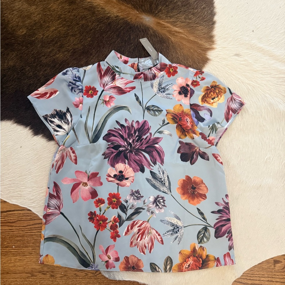 J. Crew Light Blue Floral Mock-Neck Blouse